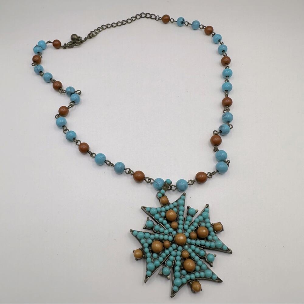 Boho Bohemian Blue Brown Beaded Cross Pendant Necklace Festival wear Western